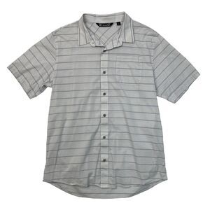 Travis Mathew Button Up Shirt Mens L Large White/Blue Striped Cotton Nylon Blend